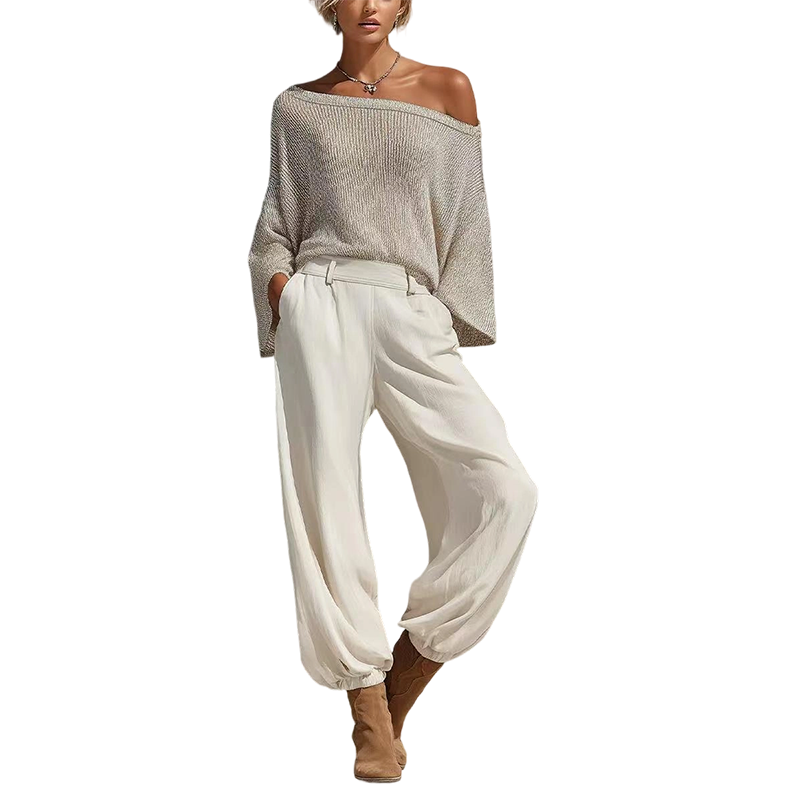Nyhet✨|Elegant Stickat Set för Dam – Off Shoulder Topp & Vida Byxor med Avslappnad Passform