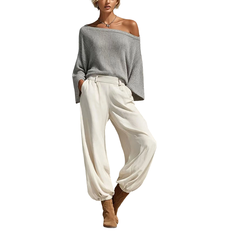 Nyhet✨|Elegant Stickat Set för Dam – Off Shoulder Topp & Vida Byxor med Avslappnad Passform