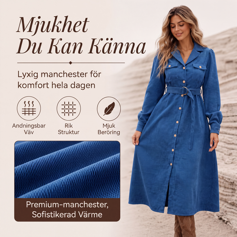 Nya ankomster📦|Manchesterklänning för Dam med Skärp – Elegant Midiklänning med Långa Ärmar för Höst & Vardag
