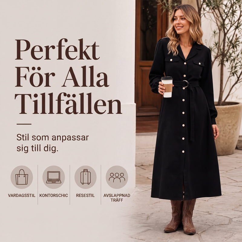 Nya ankomster📦|Manchesterklänning för Dam med Skärp – Elegant Midiklänning med Långa Ärmar för Höst & Vardag