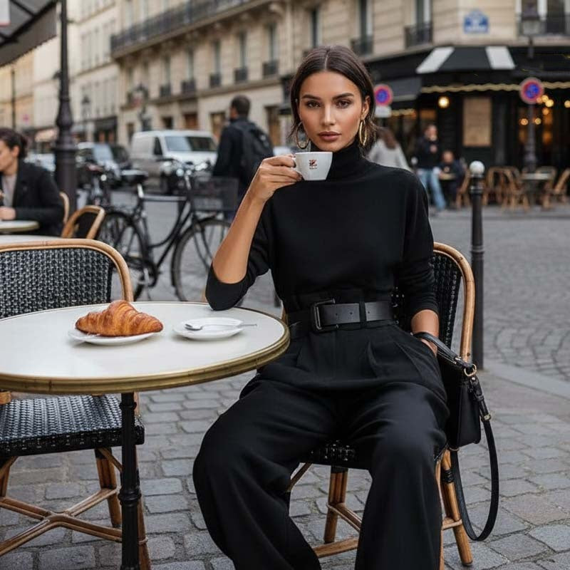 🍂Höstens exklusiva erbjudande|Elegant Damset med Polotröja och Vida Byxor – Matchande Tvådelat Set för Kvinnor