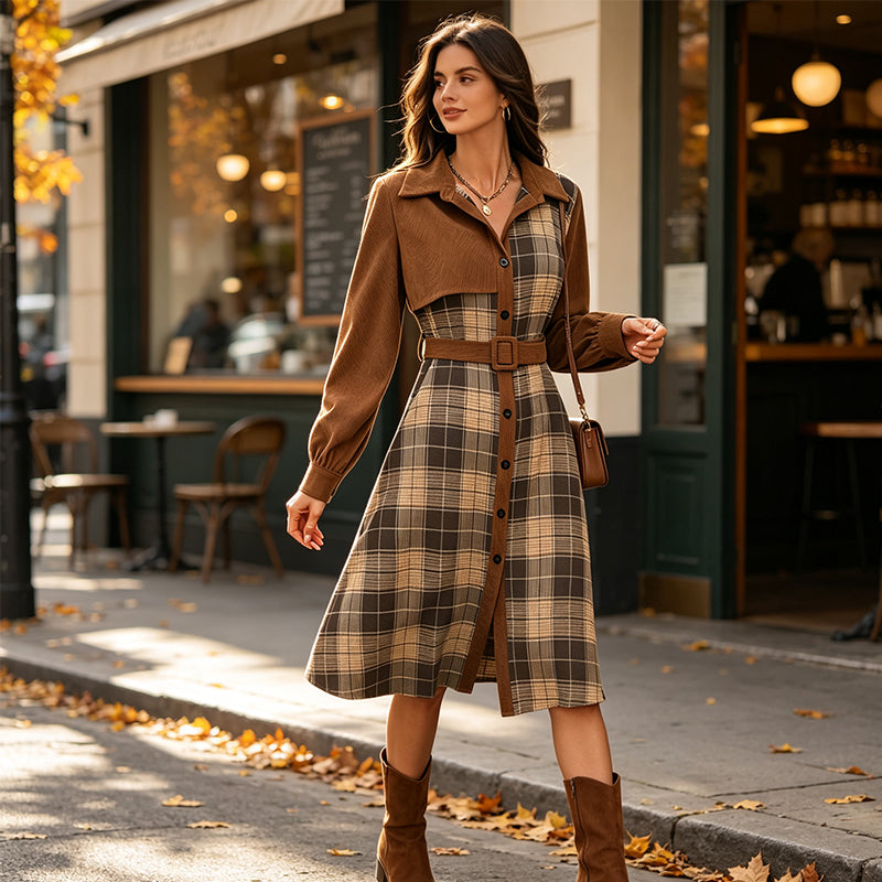 Bästsäljare🔥|Damernas Retrokänning med Rutmönster – Elegant Knäppklänning med Vintage Stil och Bälte