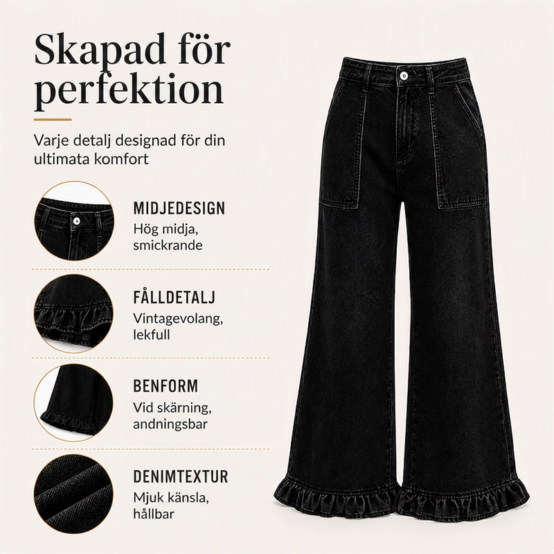 Kvinnors snygga raka jeans med volangkant
