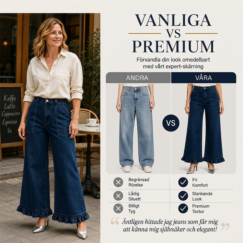 Kvinnors snygga raka jeans med volangkant