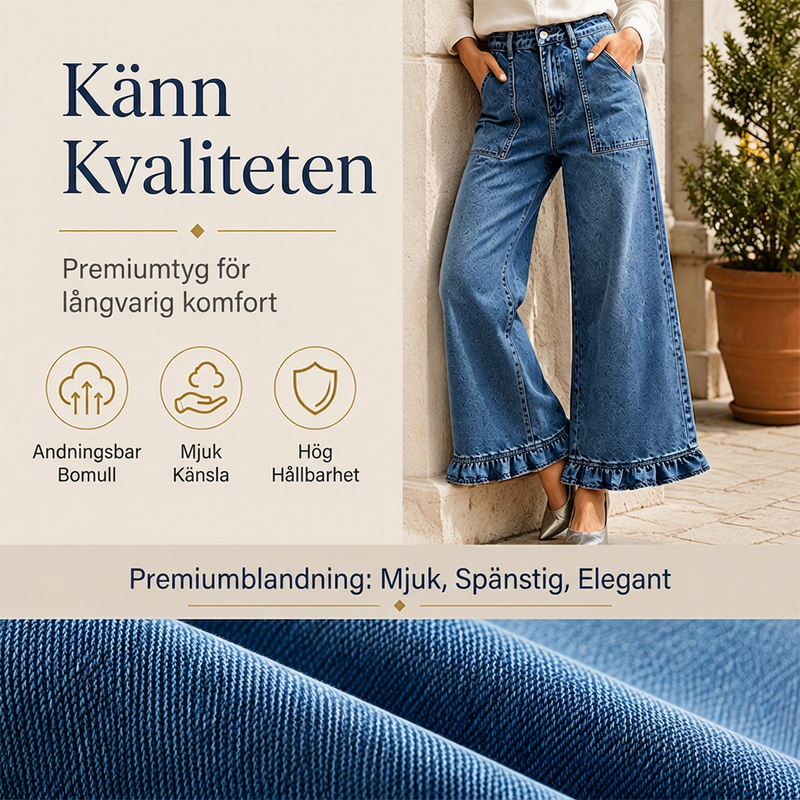 Kvinnors snygga raka jeans med volangkant