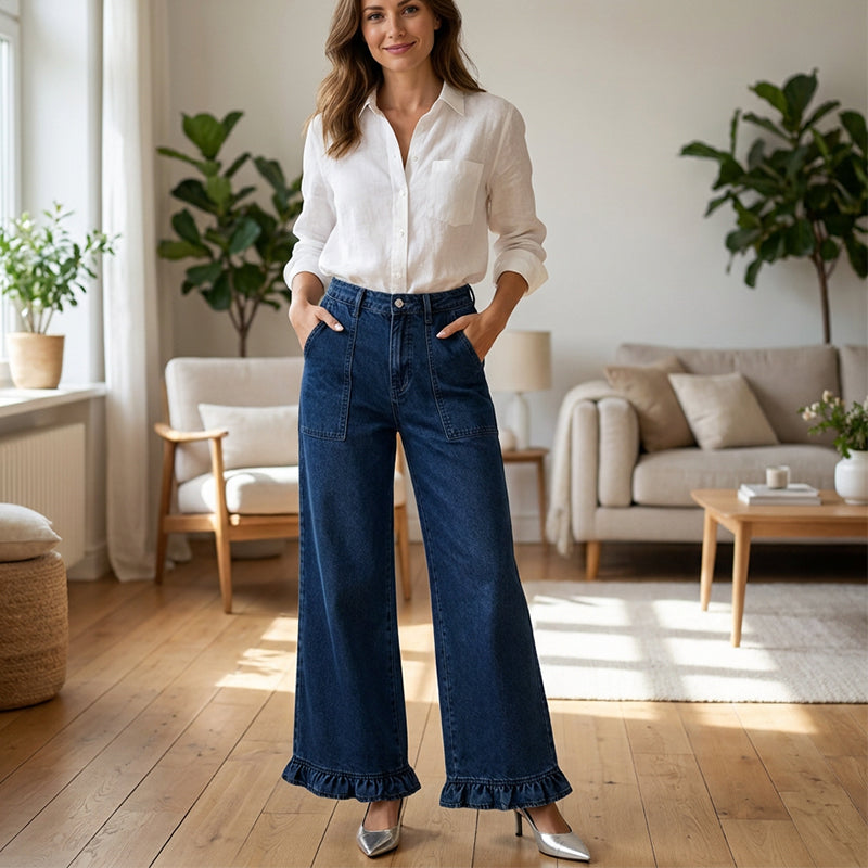 Kvinnors snygga raka jeans med volangkant