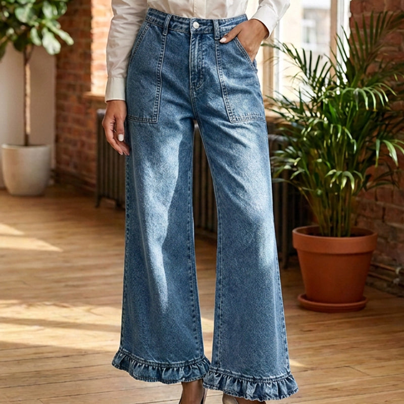 Kvinnors snygga raka jeans med volangkant