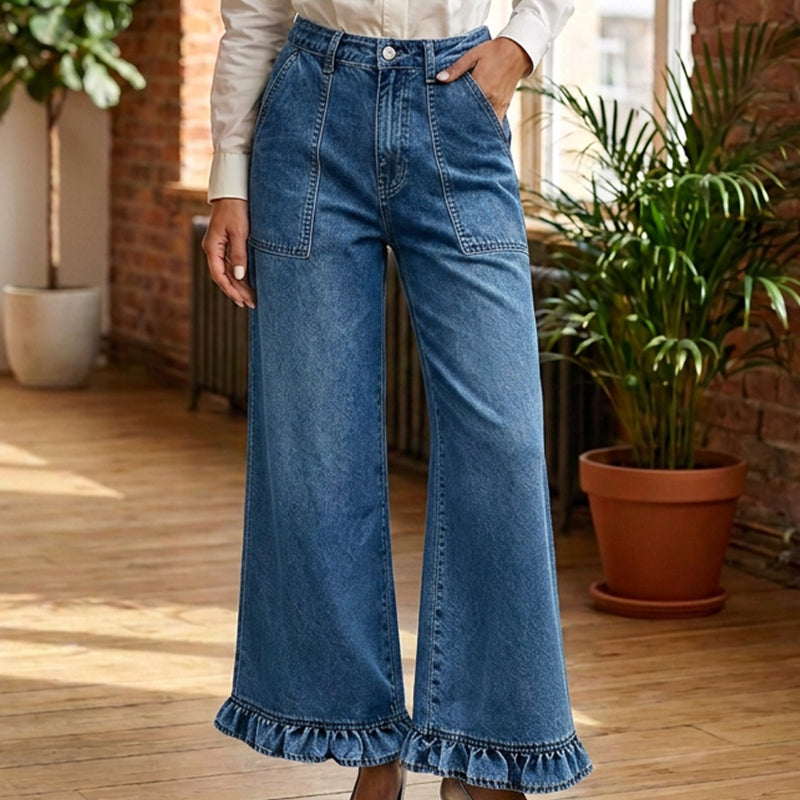 Kvinnors snygga raka jeans med volangkant