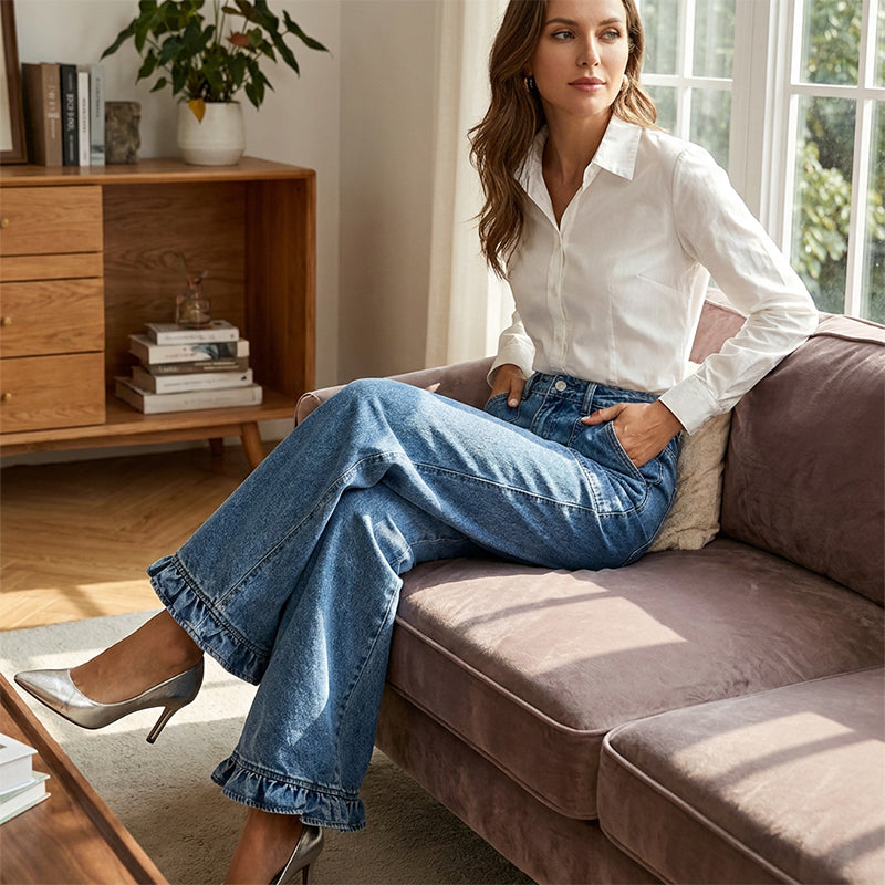 Kvinnors snygga raka jeans med volangkant