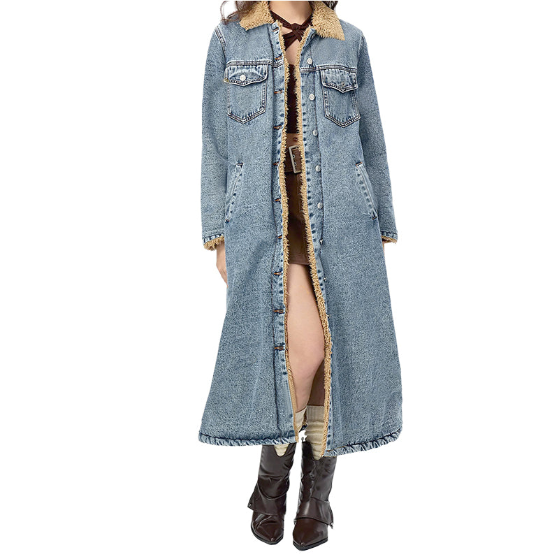 🍂Nya höstnyheter|Lång Varm Jeansjacka Dam – Fodrad Denimkappa med Mjuk Teddyfoder för Höst & Vinter