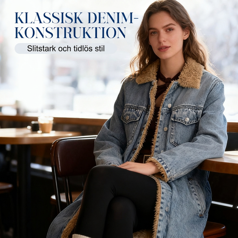 🍂Nya höstnyheter|Lång Varm Jeansjacka Dam – Fodrad Denimkappa med Mjuk Teddyfoder för Höst & Vinter