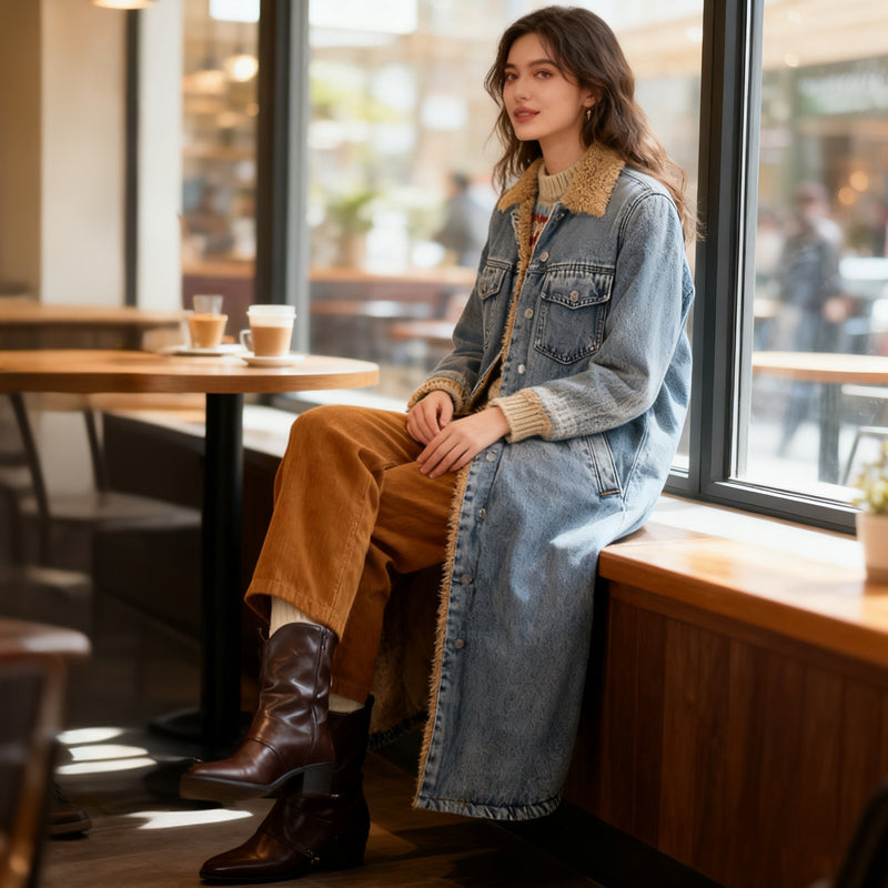 🍂Nya höstnyheter|Lång Varm Jeansjacka Dam – Fodrad Denimkappa med Mjuk Teddyfoder för Höst & Vinter