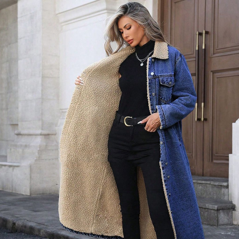 🍂Nya höstnyheter|Lång Varm Jeansjacka Dam – Fodrad Denimkappa med Mjuk Teddyfoder för Höst & Vinter