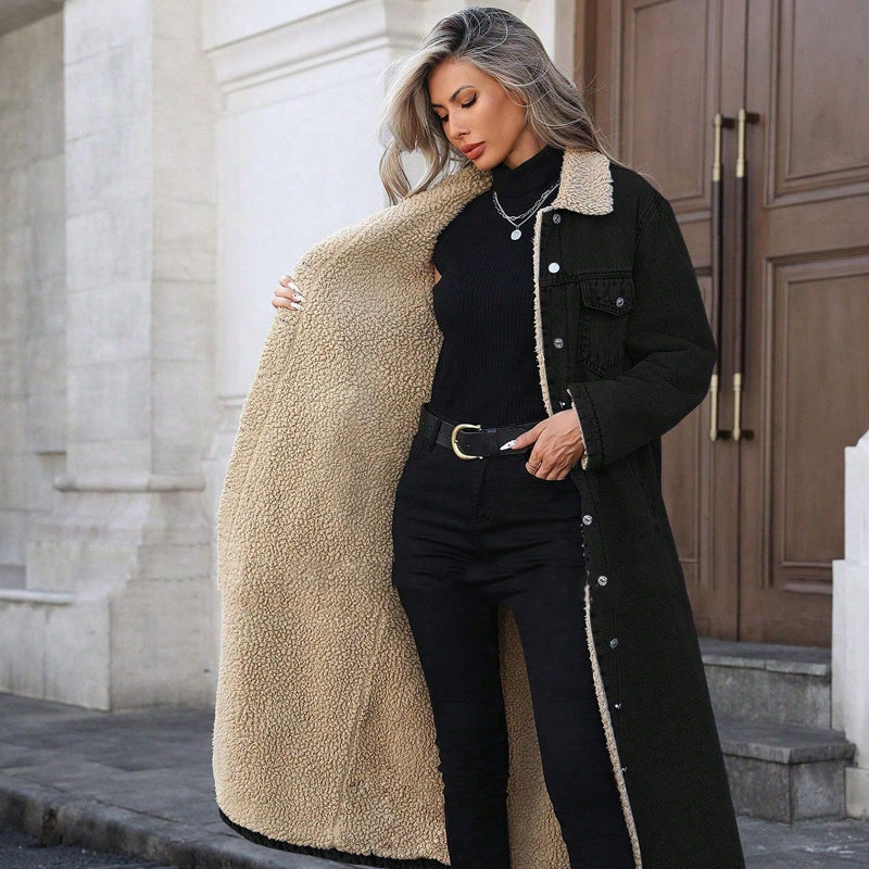 🍂Nya höstnyheter|Lång Varm Jeansjacka Dam – Fodrad Denimkappa med Mjuk Teddyfoder för Höst & Vinter