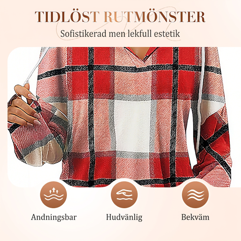 Bästsäljare🔥|Damernas Rutig V-ringad Tröja med Huva – Bekväm Långärmad Hösttopp