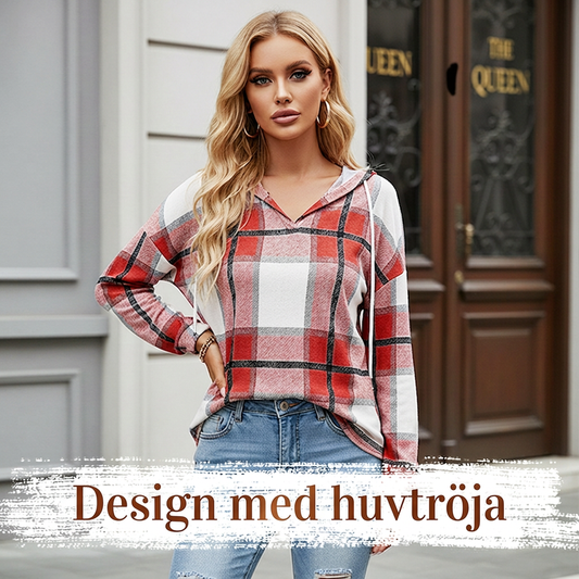 Bästsäljare🔥|Damernas Rutig V-ringad Tröja med Huva – Bekväm Långärmad Hösttopp