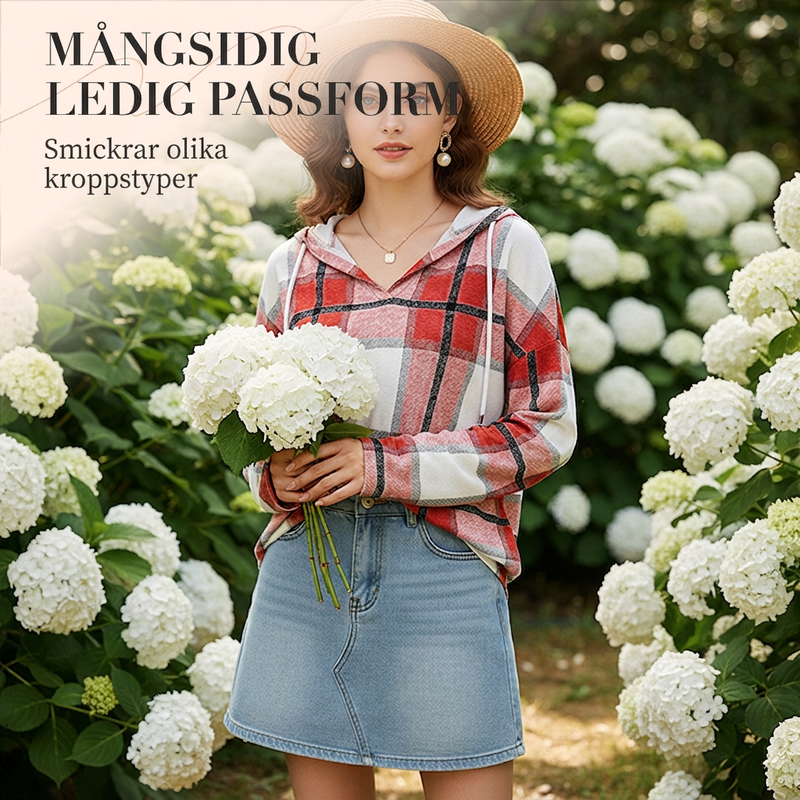 Bästsäljare🔥|Damernas Rutig V-ringad Tröja med Huva – Bekväm Långärmad Hösttopp