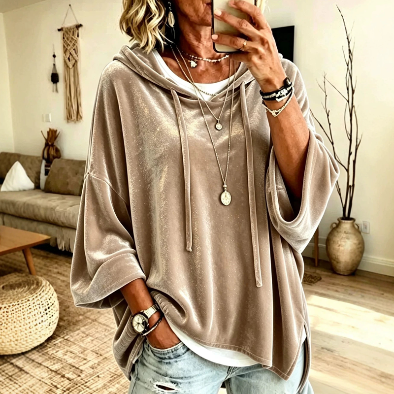 Bästsäljare🔥|Damernas Sammets-Hoodie – Mjuk Oversized Tröja med Dragsko för Elegant & Bekväm Vardag