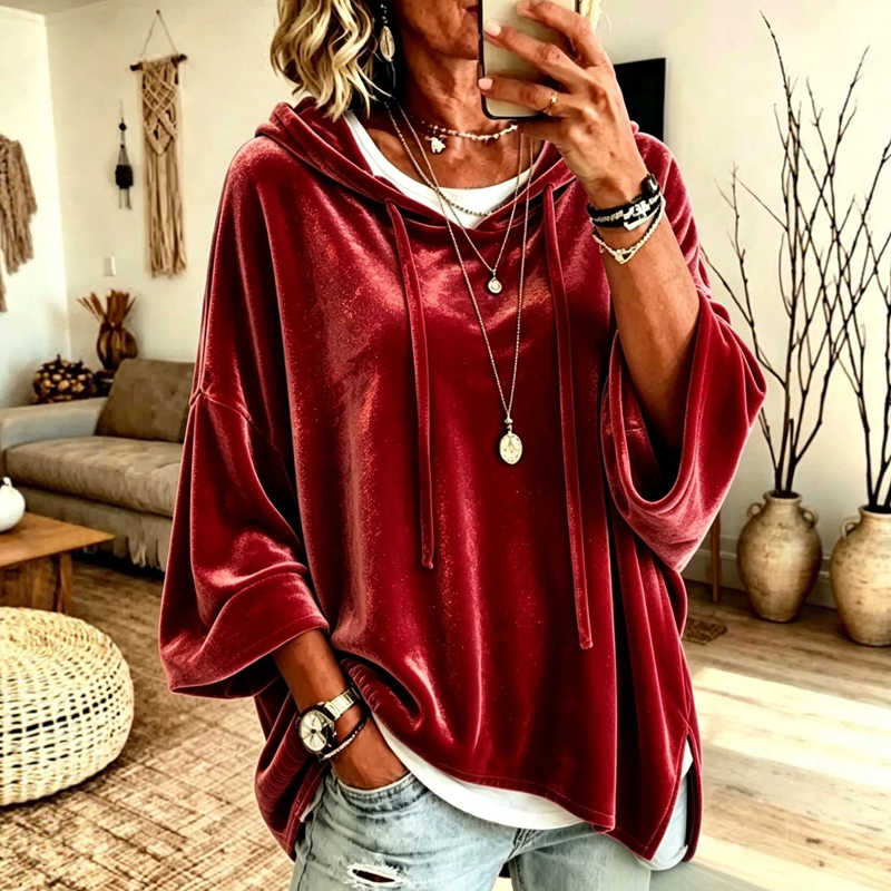 Bästsäljare🔥|Damernas Sammets-Hoodie – Mjuk Oversized Tröja med Dragsko för Elegant & Bekväm Vardag