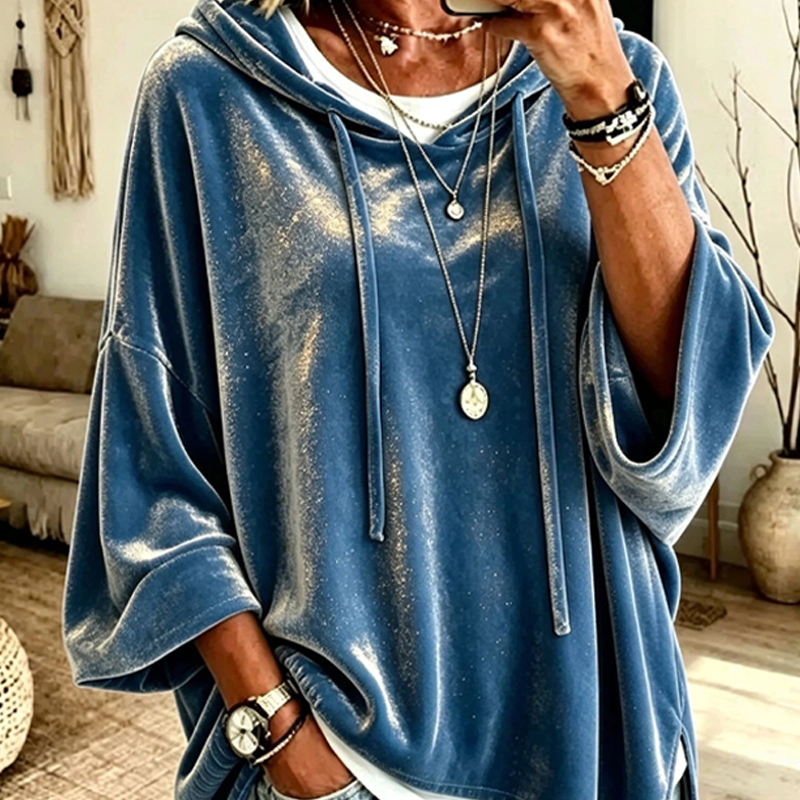 Bästsäljare🔥|Damernas Sammets-Hoodie – Mjuk Oversized Tröja med Dragsko för Elegant & Bekväm Vardag