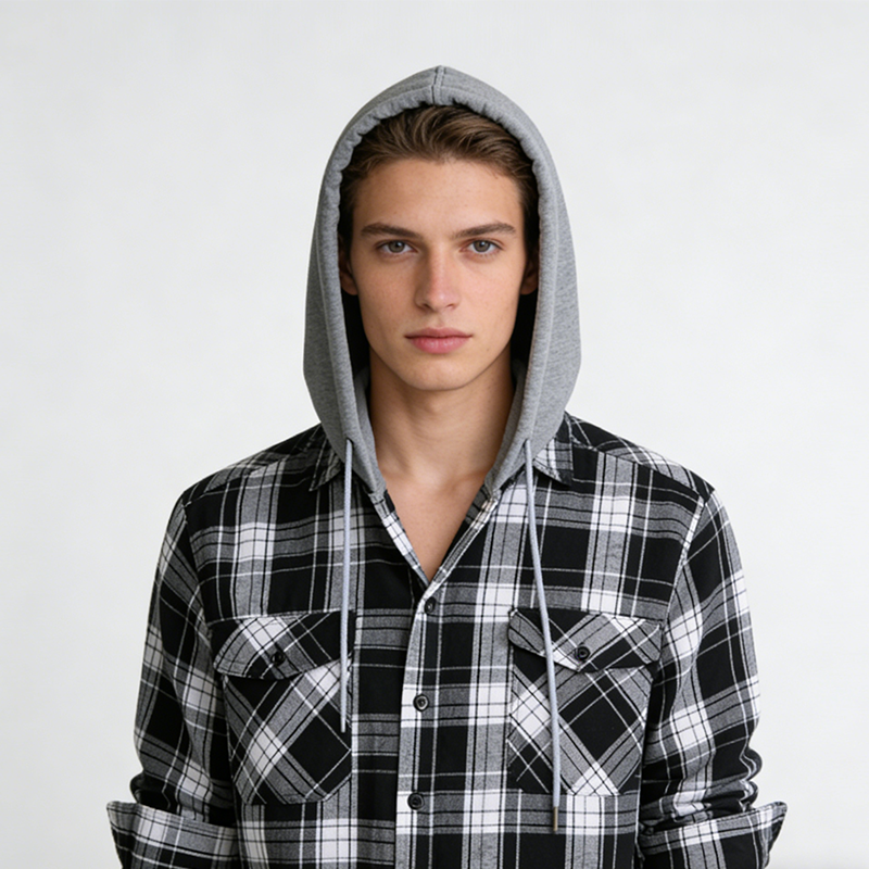 🍂Höstens bästsäljare|✨Rutig Flanellskjortjacka Herr med Huva – Varm Overshirt med Fickor & Avslappnad Passform