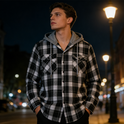 🍂Höstens bästsäljare|✨Rutig Flanellskjortjacka Herr med Huva – Varm Overshirt med Fickor & Avslappnad Passform