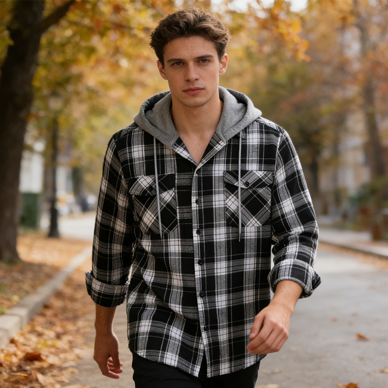 🍂Höstens bästsäljare|✨Rutig Flanellskjortjacka Herr med Huva – Varm Overshirt med Fickor & Avslappnad Passform