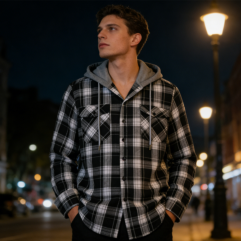 🍂Höstens bästsäljare|✨Rutig Flanellskjortjacka Herr med Huva – Varm Overshirt med Fickor & Avslappnad Passform