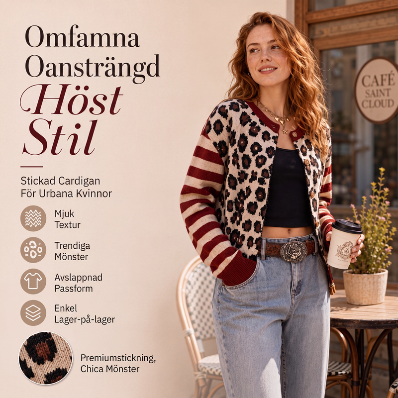 Tidlös Stickad Cardigan Dam – Mjuk Kofta med Elegant Leopardmönster