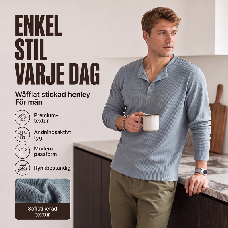 Herr ledig pikétröja med våffelstickning och Henley-krage