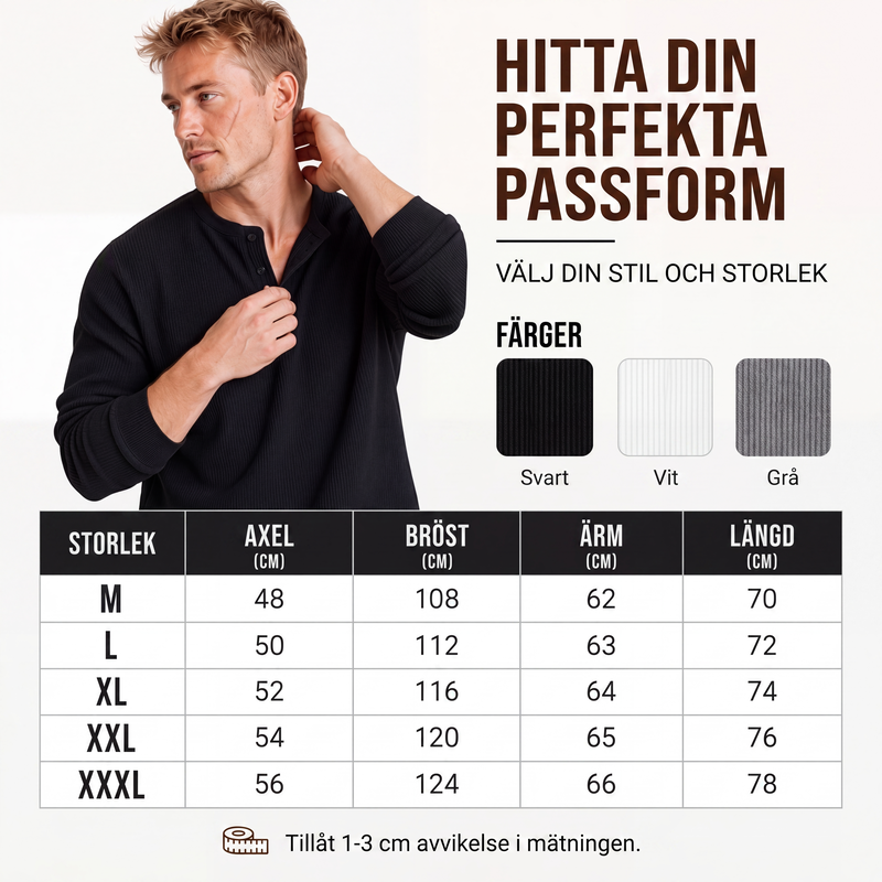 Herr ledig pikétröja med våffelstickning och Henley-krage