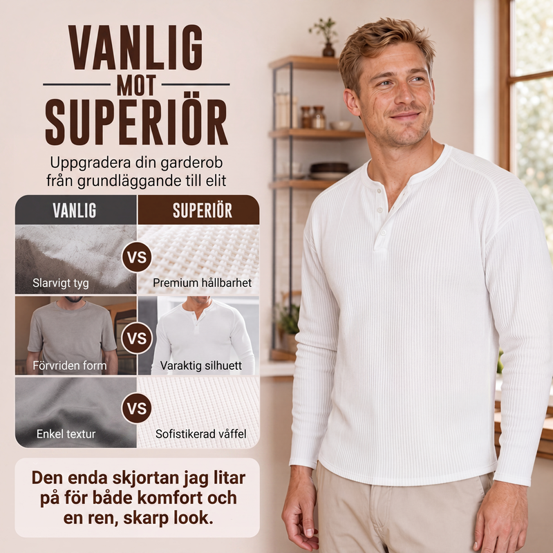 Herr ledig pikétröja med våffelstickning och Henley-krage