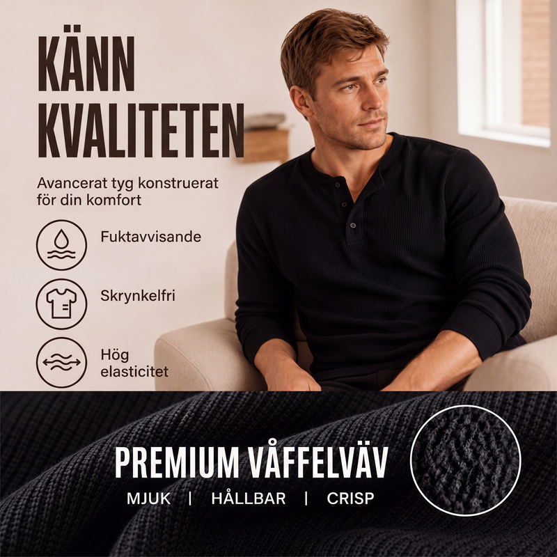 Herr ledig pikétröja med våffelstickning och Henley-krage
