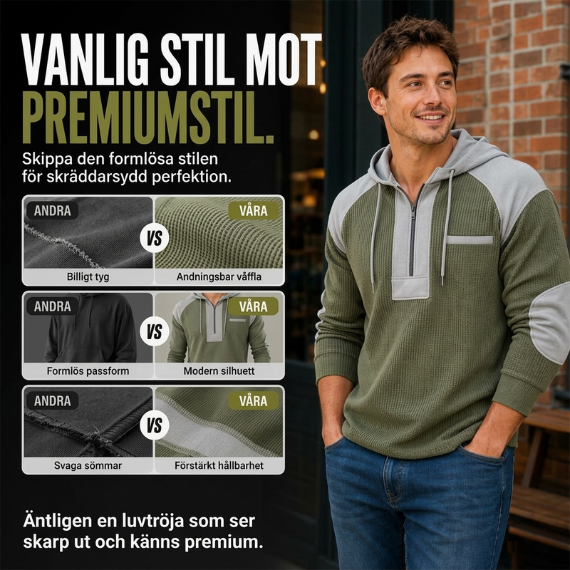 Herrars ledig lappad huvtröja i våffelstickning