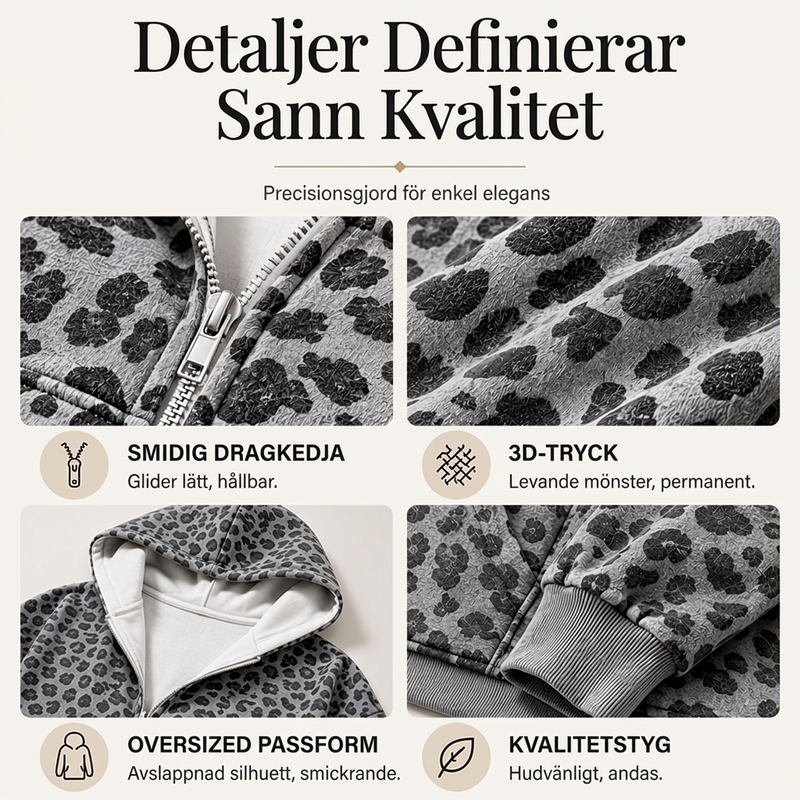 Leopardmönstrad huvtröja med dragkedja för kvinnor