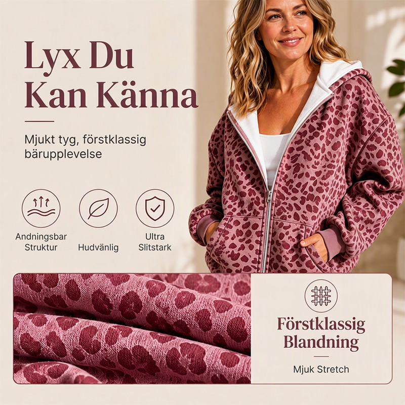 Leopardmönstrad huvtröja med dragkedja för kvinnor
