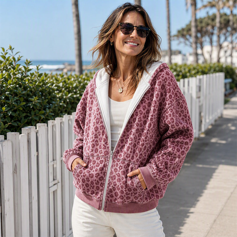 Leopardmönstrad huvtröja med dragkedja för kvinnor