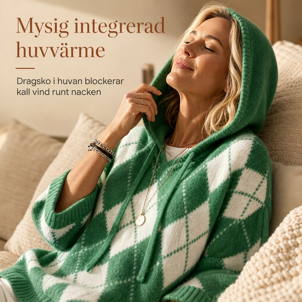 Kvinnors ledig rutig huvtröja i stickad ull