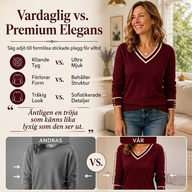 Elegant stickad tröja med kontrastfärgad V-ringning för kvinnor