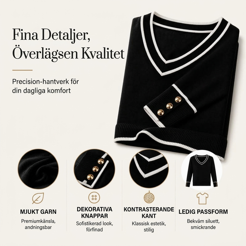 Elegant stickad tröja med kontrastfärgad V-ringning för kvinnor
