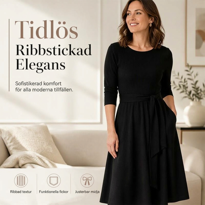 💎 Exklusivt erbjudande – A-linjeformad midiklänning för damer i ribbat stickat 👗 Rund hals, 3/4-ärmar och bekväm passform med fickor ✨