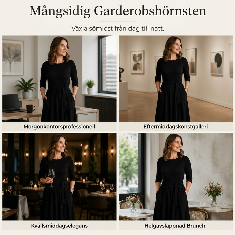 💎 Exklusivt erbjudande – A-linjeformad midiklänning för damer i ribbat stickat 👗 Rund hals, 3/4-ärmar och bekväm passform med fickor ✨