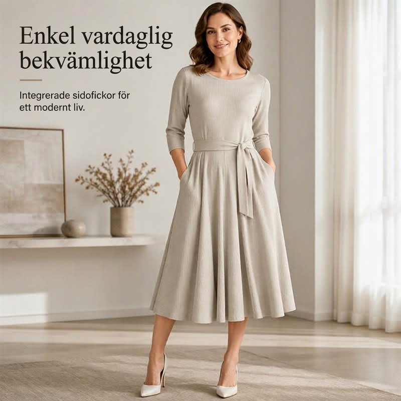💎 Exklusivt erbjudande – A-linjeformad midiklänning för damer i ribbat stickat 👗 Rund hals, 3/4-ärmar och bekväm passform med fickor ✨