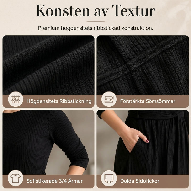 💎 Exklusivt erbjudande – A-linjeformad midiklänning för damer i ribbat stickat 👗 Rund hals, 3/4-ärmar och bekväm passform med fickor ✨