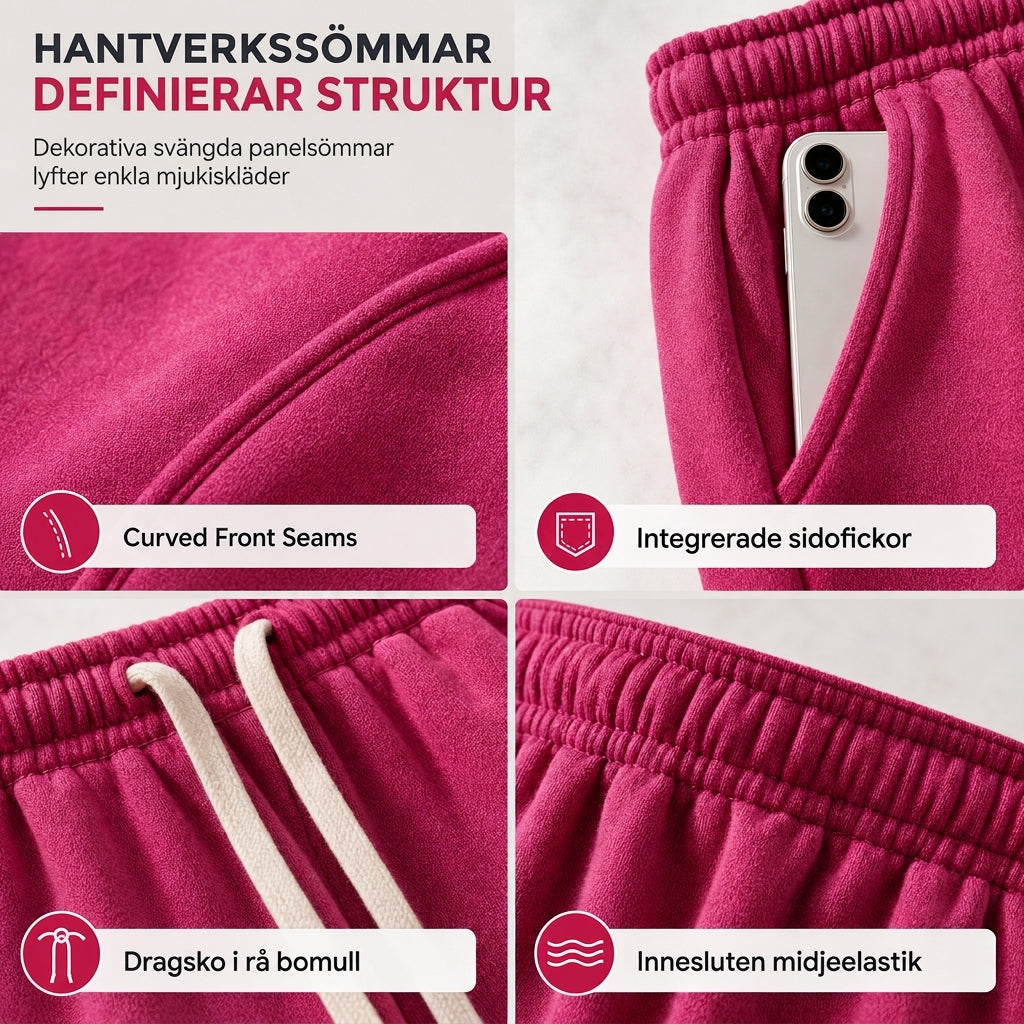 Damhögmidjade vida myrbyxor med böjda sömmar och fickor