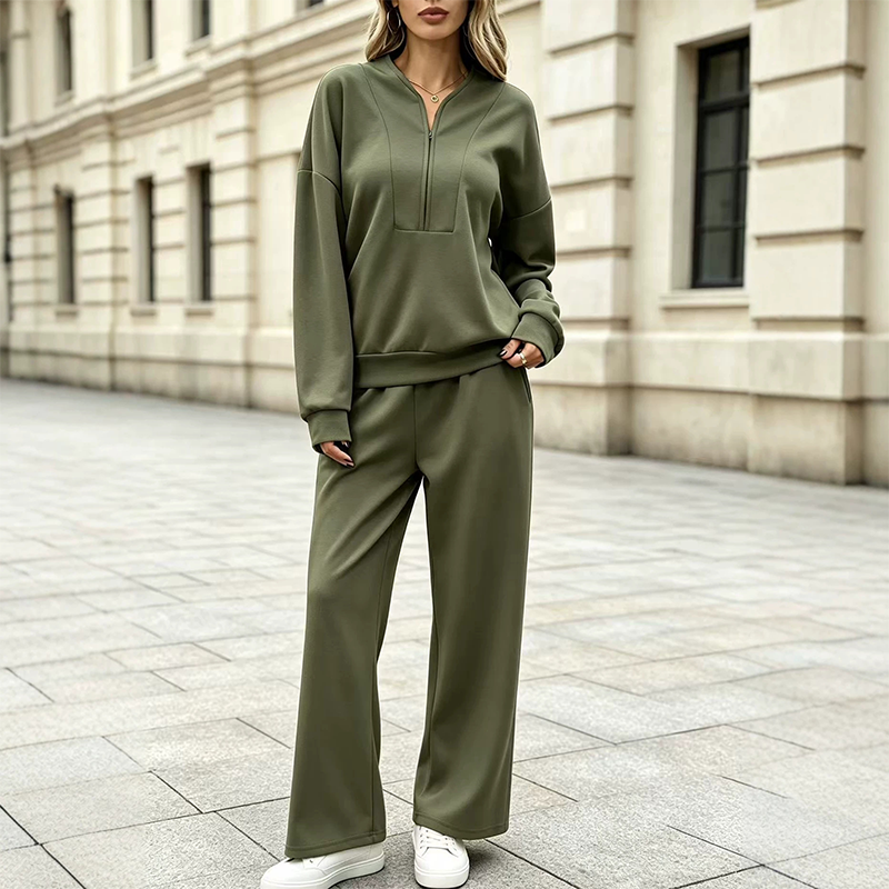 Set för kvinnor: sweatshirt med halv dragkedja och vida byxor