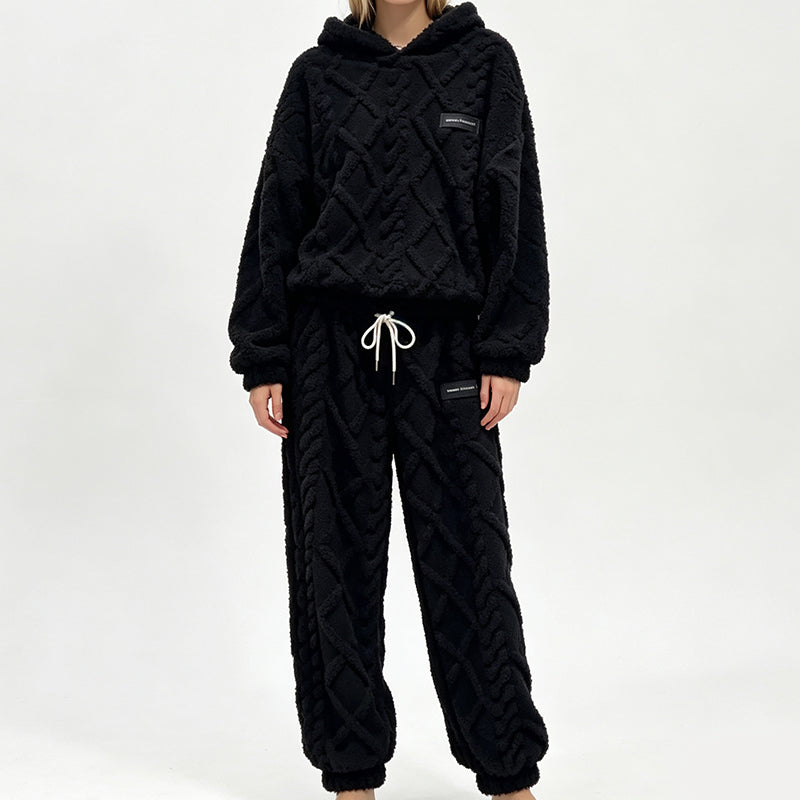 Tidsbegränsat erbjudand✨|Mysigt Fleece Set Dam – Fluffig Hoodie & Byxor med 3D-Struktur, Varm Komfort och Avslappnad Passform