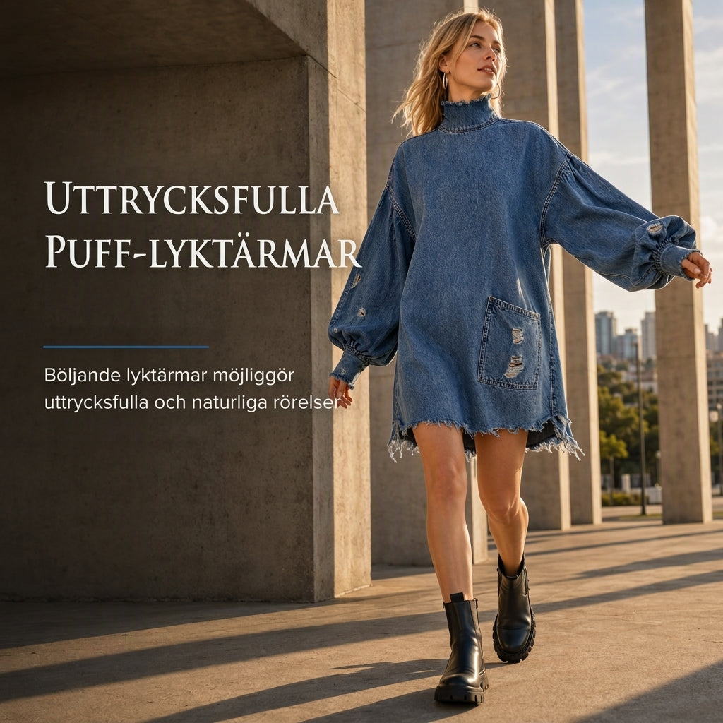 Nyhetserbjudande✨|Modern Denimklänning med Volymärmar – Komfortabel Passform och Elegant Look