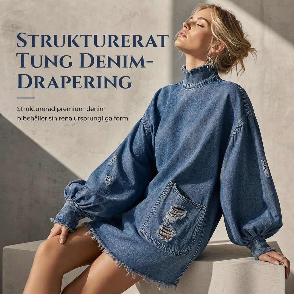 Nyhetserbjudande✨|Modern Denimklänning med Volymärmar – Komfortabel Passform och Elegant Look