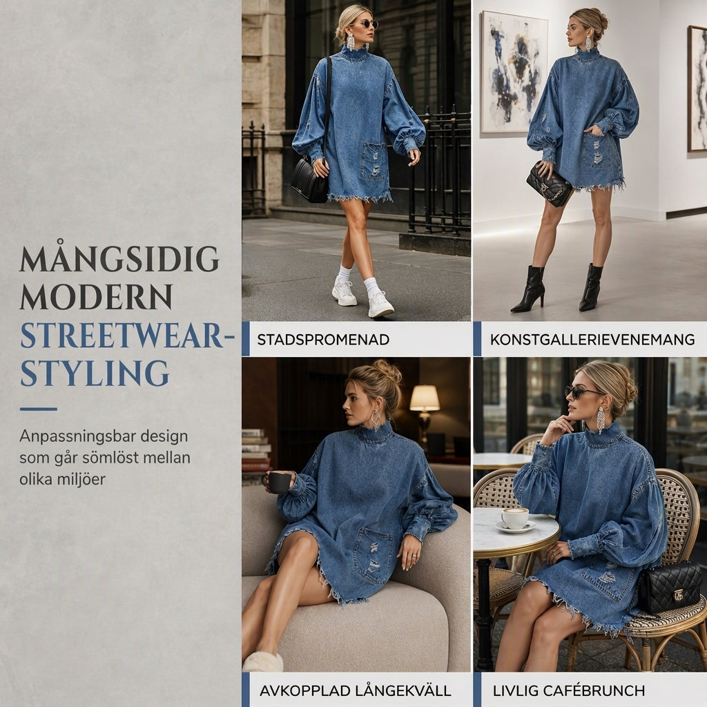 Nyhetserbjudande✨|Modern Denimklänning med Volymärmar – Komfortabel Passform och Elegant Look